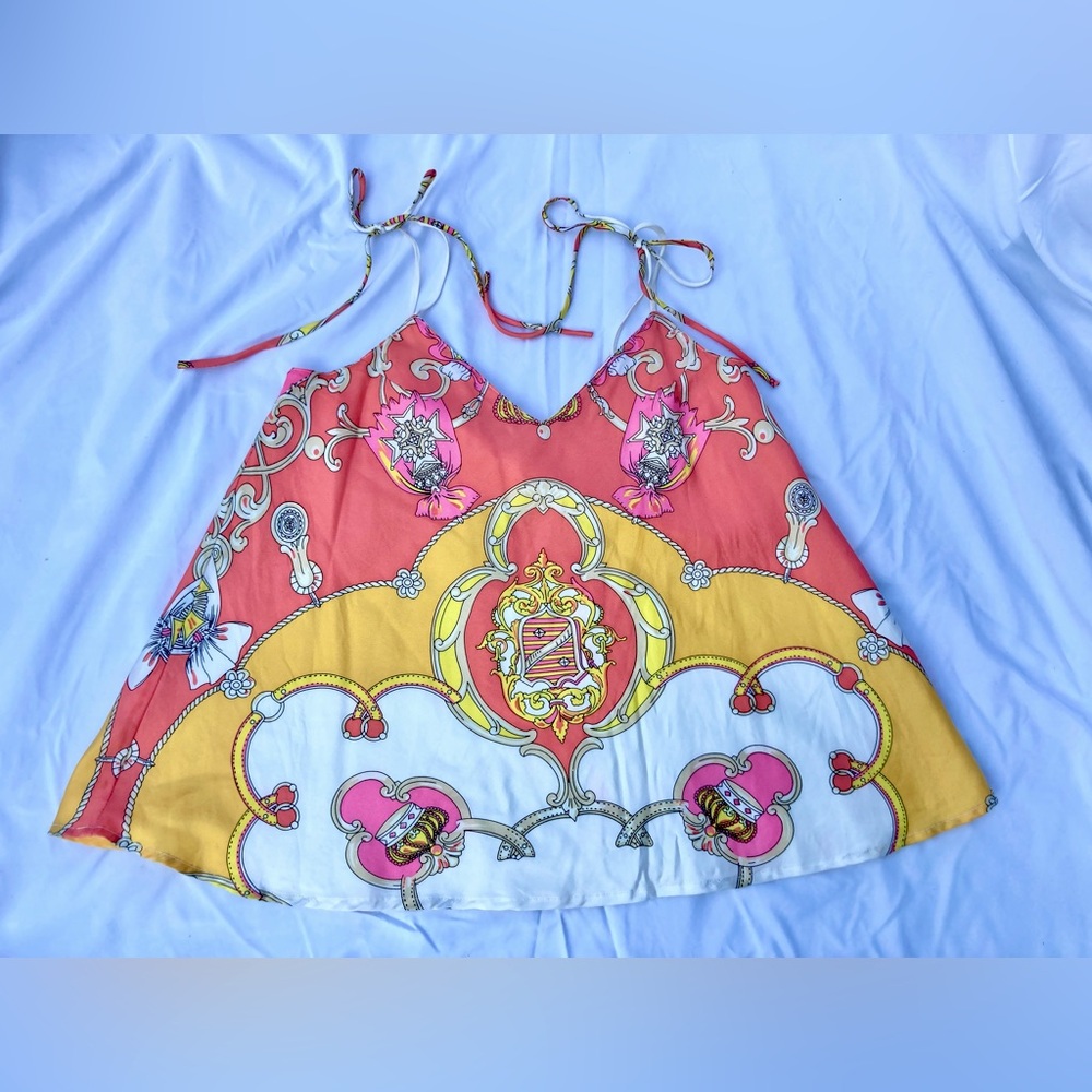 JB Julie Brown Colorful 100% Silk Exterior w Tie Straps Top Women’s Size S EUC